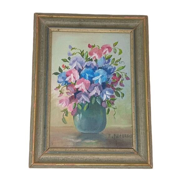 Vintage Elsie Records Miniature Painting Flowers Framed Pink Blue Purple Signed
